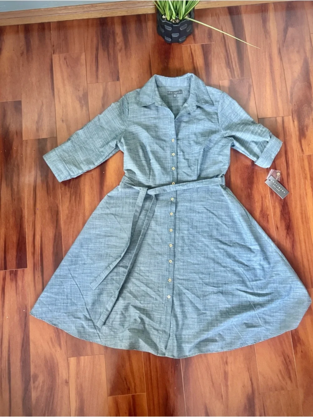 Sharagano Dusty Blue Tie-Waist Button Front Midi Shirt Dress with Pockets - Picture 5 of 8